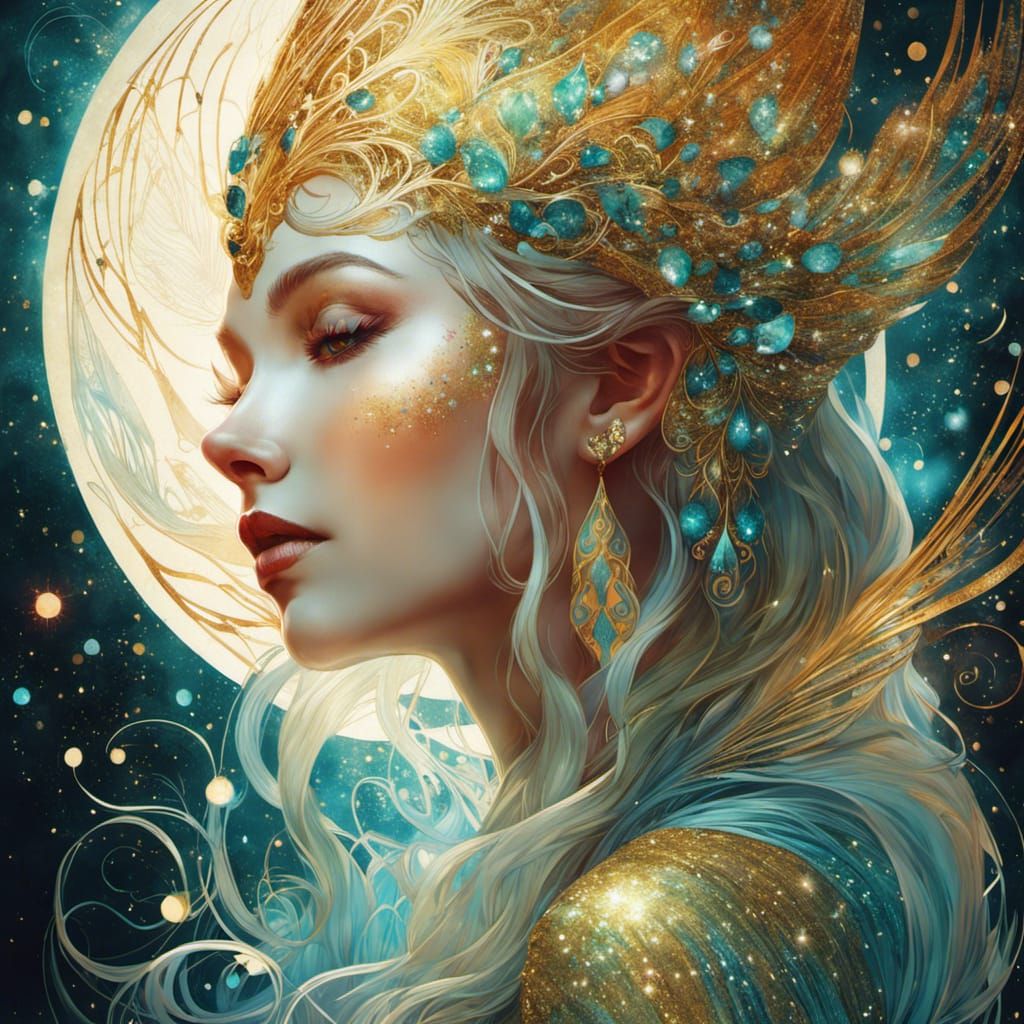 Moonlit Glitter Elven Woman in Fractal Canyon
