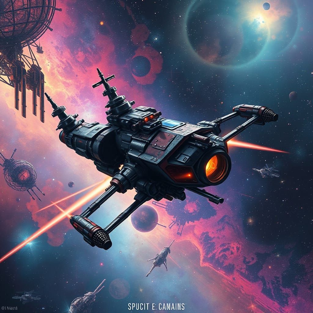Space Pirate Ship Soars Through a Futuristic Galaxy