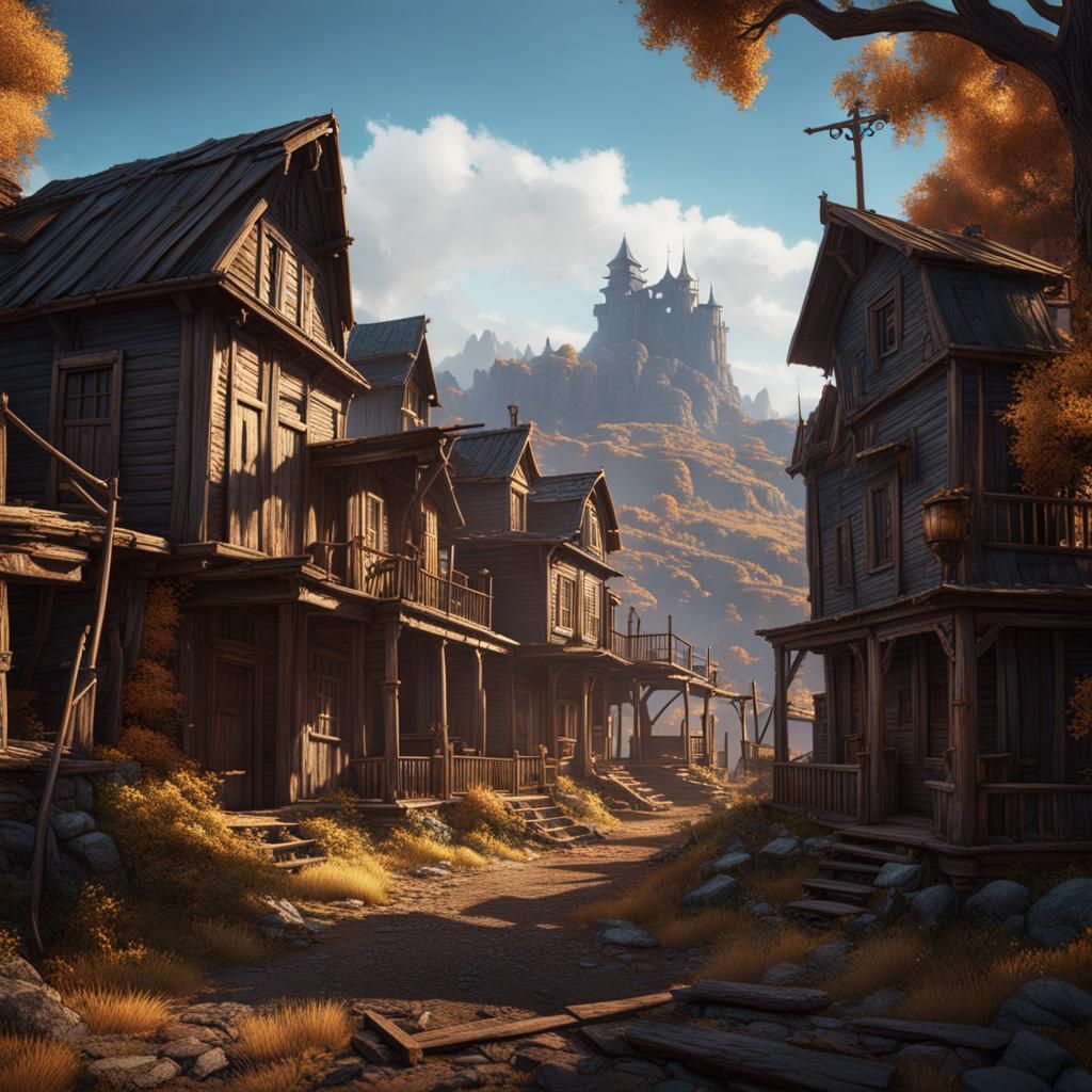 Fantastical Abandoned Mining Town in Detailed Matte Painting