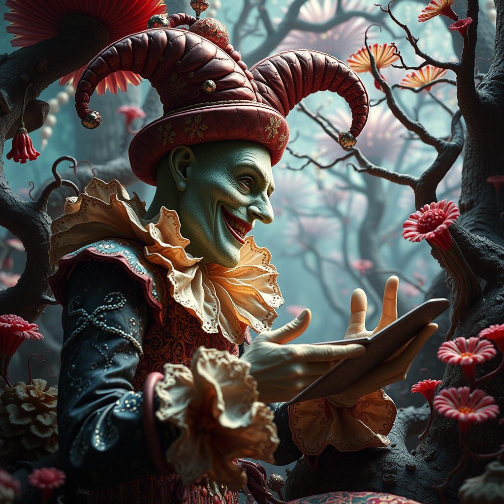Cyberpunk Jester in Mycelium Dreamscape