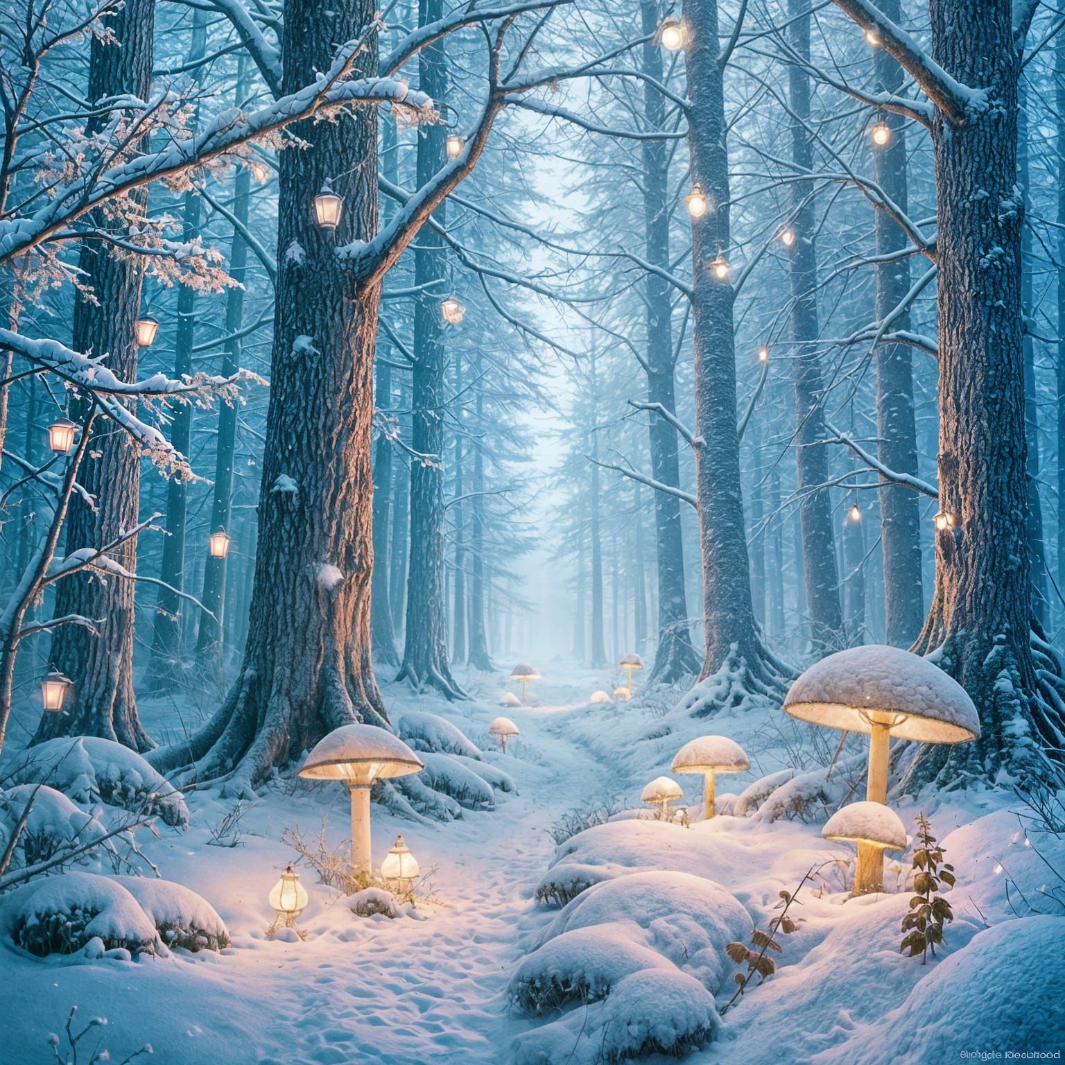 Vibrant Winter Wonderland in a Mystical Forest