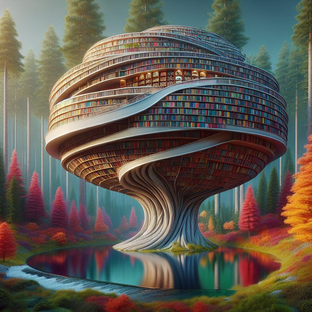 Surreal Book Treehouse with Pond, Photorealistic Rendering