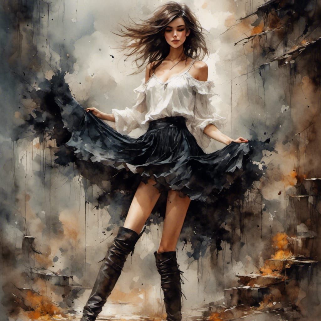 Brunette in Swishy Skirt, Antique Watercolor Style