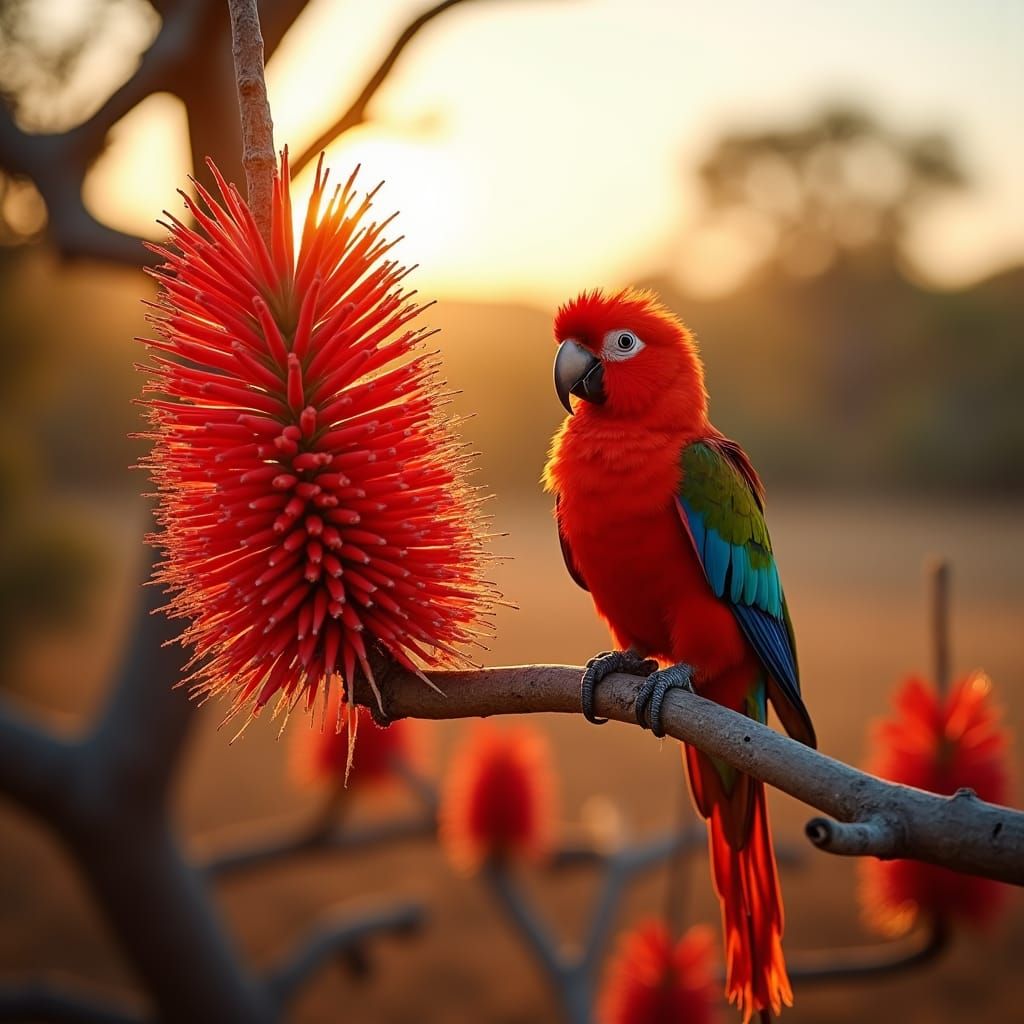 Bottlebrush and Rosella Parrot in Golden Light