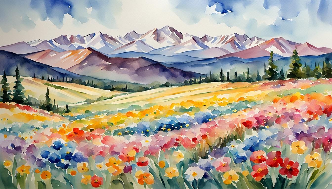 Floral Hills: A Watercolor Rocky Mountain Vista