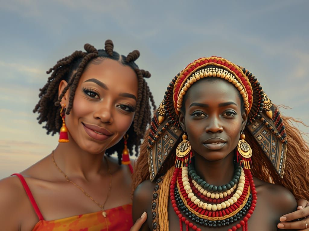 Two Women Embrace in Ethereal Sky with Warm Earthy Colors