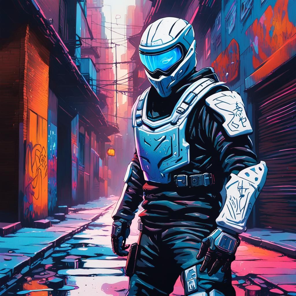 Cyberpunk Ninja in Neon Alleyway Street Art