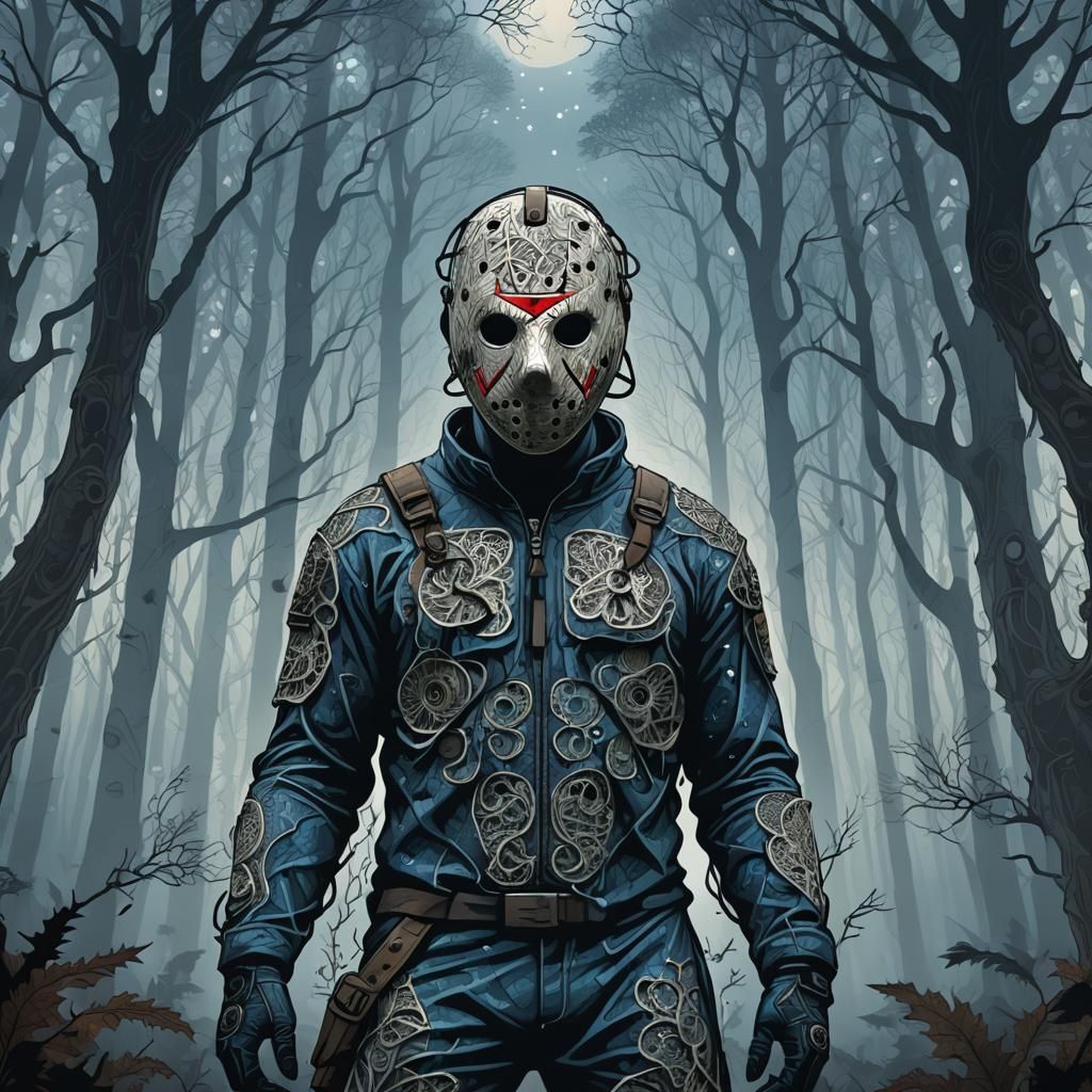Jason Voorhees in Eerie Forest, Abstract Vector Art