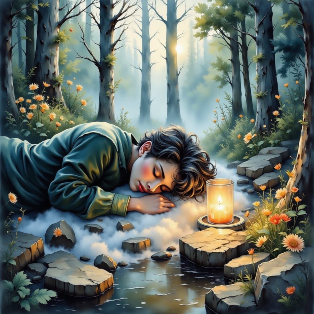 Dreamy Watercolor Cloud Sleep in Misty Forest