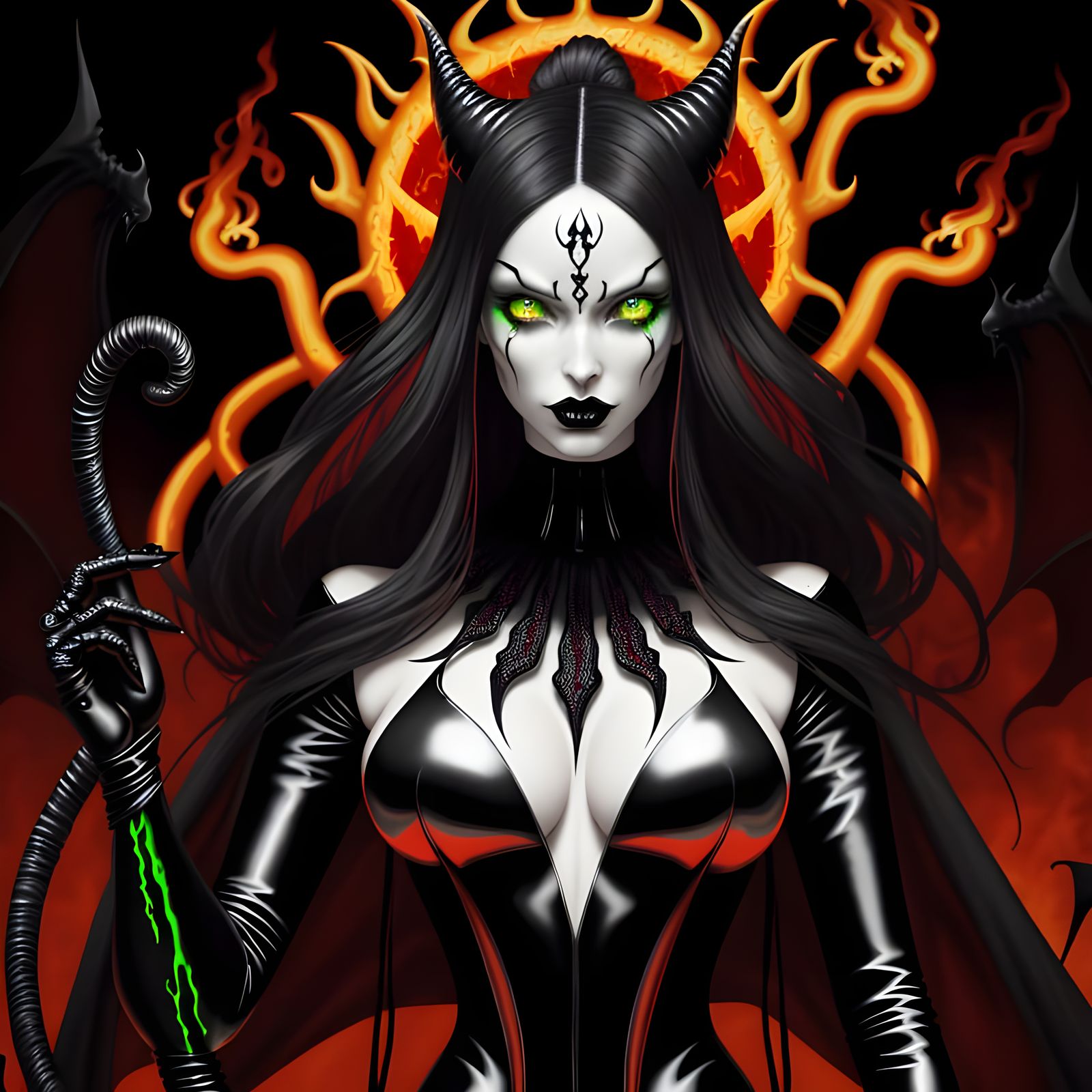 Demonic Fashionista Walks Out of Hell in Op-Art Style