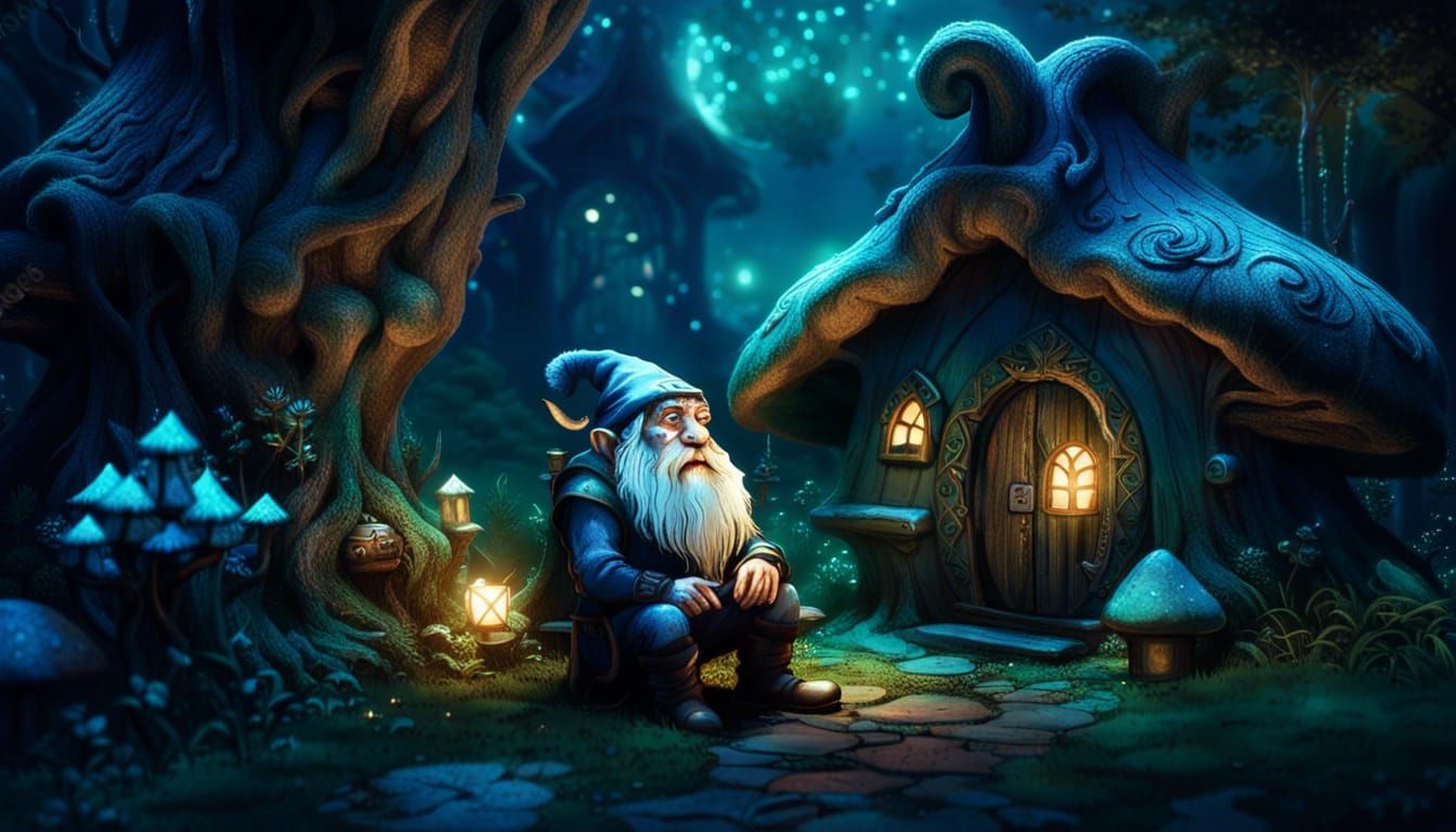 Charming Dwarf in Bioluminescent Mushroom House