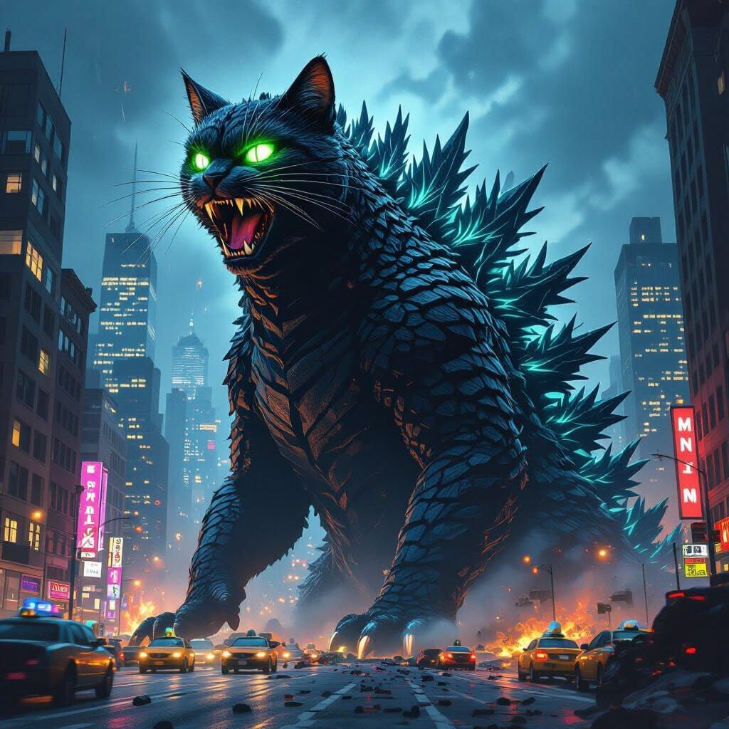 Giant Godzilla Cat Destroys Manhattan Night