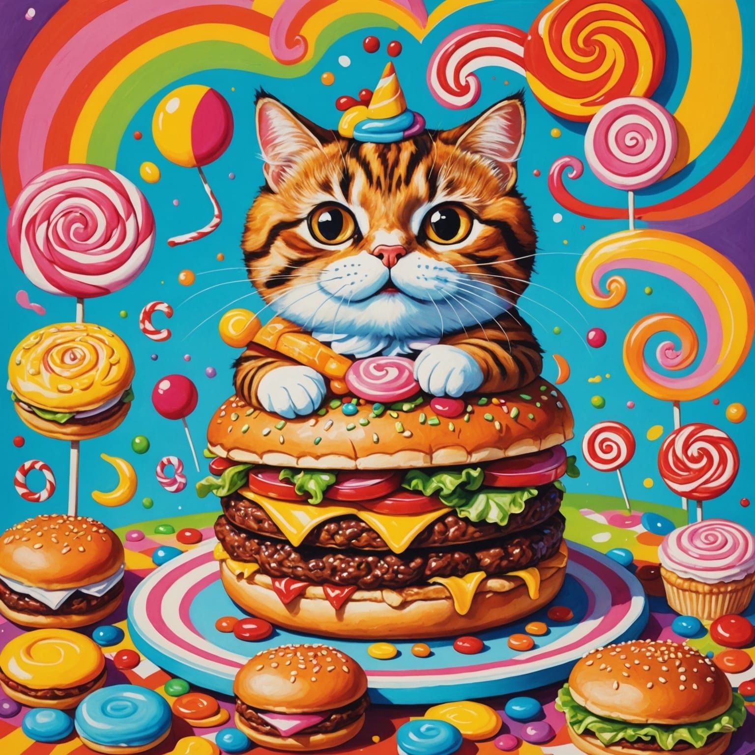 Cat Enjoying Hamburger in Gouache Candyland