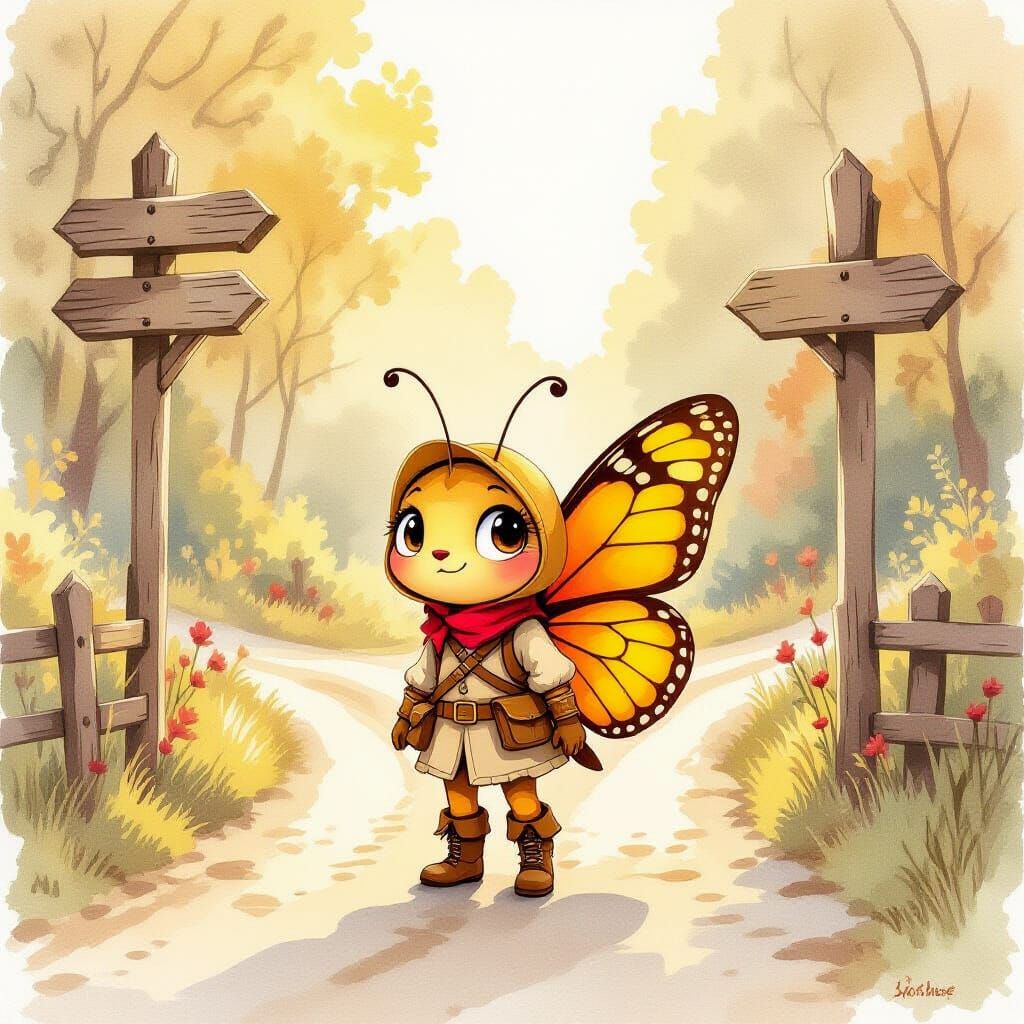 Bewildered Butterfly Adventurer at Crossroads in Watercolor
