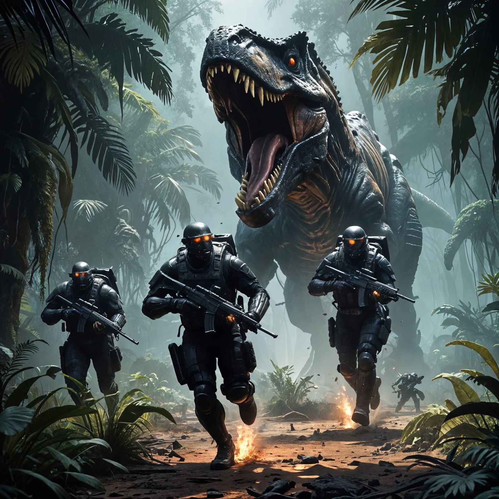 Futuristic Soldiers Escape T-Rex in Prehistoric Jungle