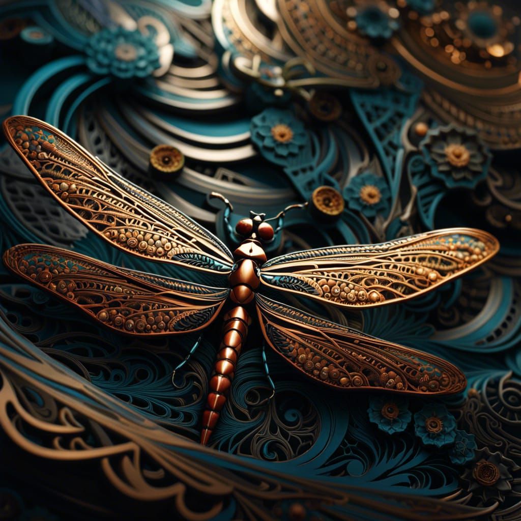 Intricate Zentangle Dragonfly with Fluid Tessellation