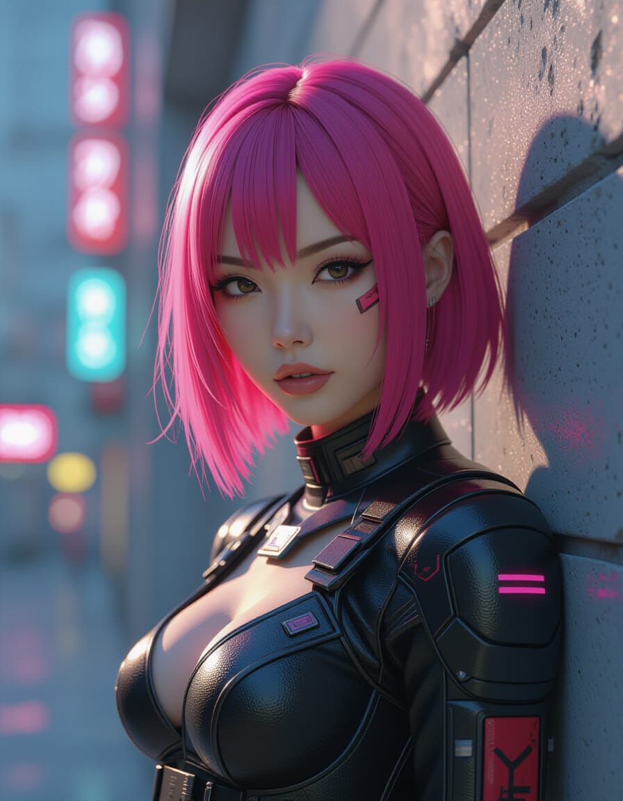 Cyberpunk Samurai Woman with Pink Hair in Neon City
