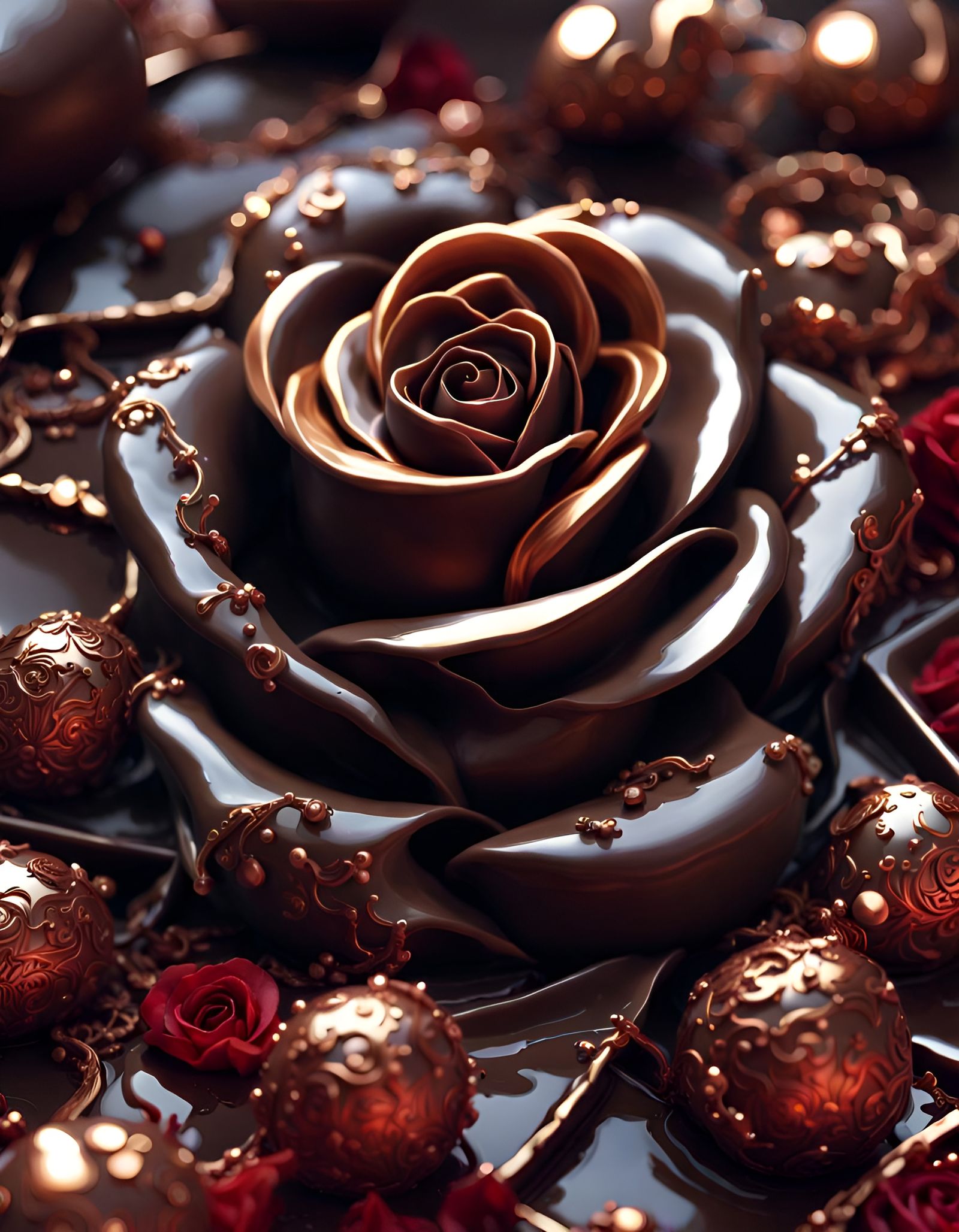 Elaborate Chocolate Rose with Red Gold Ornaments