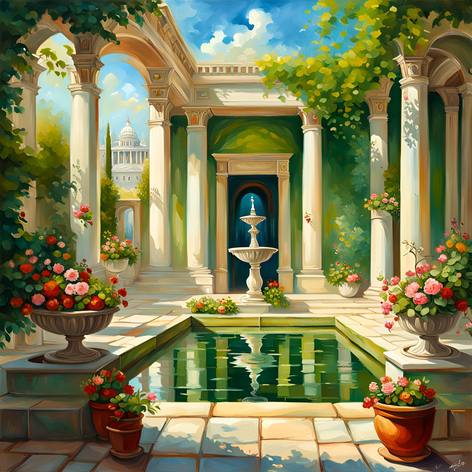 Relaxing Outdoor Study in Greek Portico Oil Painting