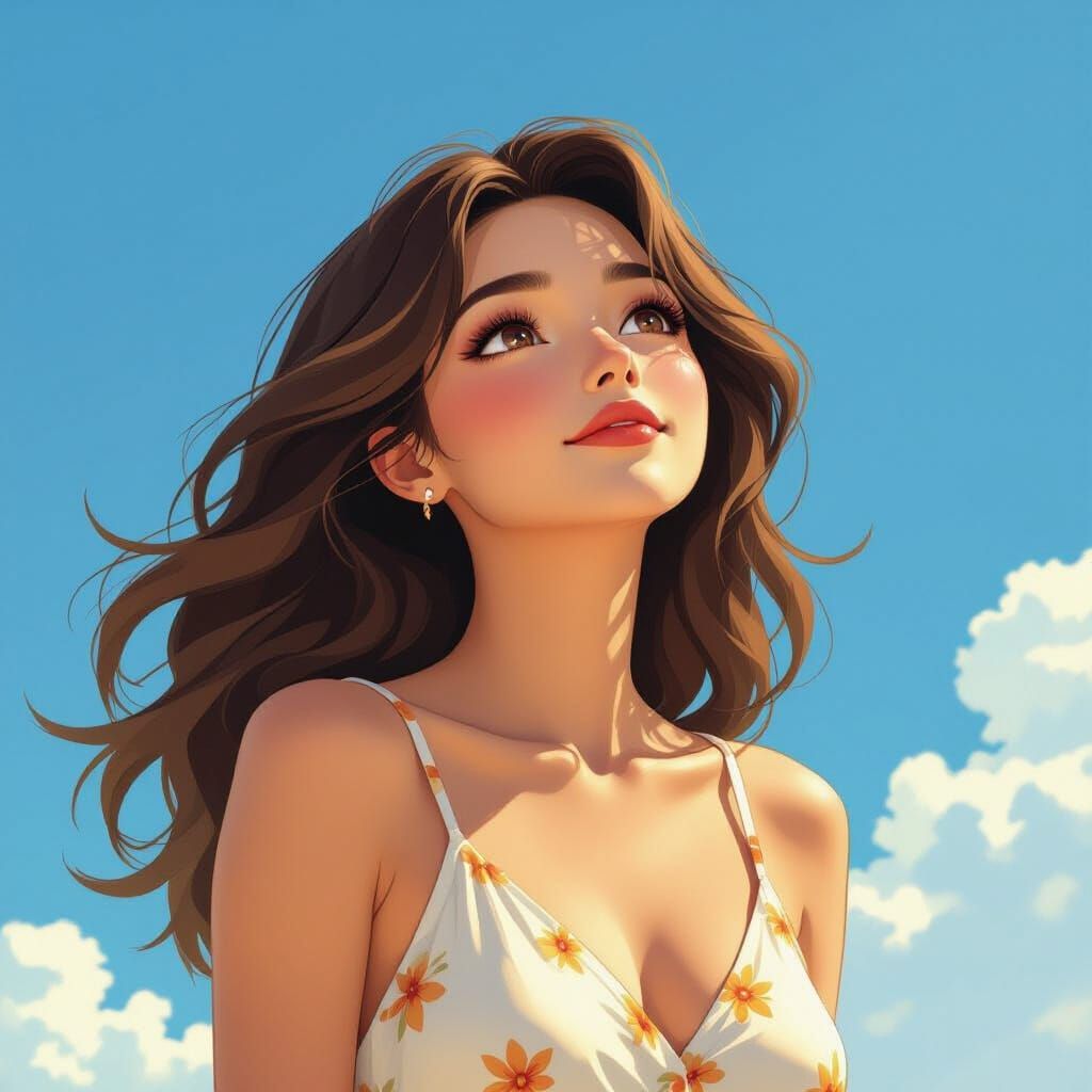 Woman Gazing Skyward in Dreamy Art Style