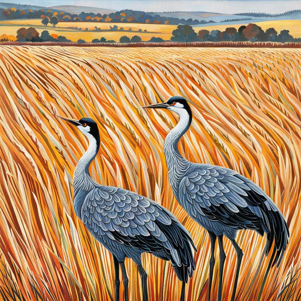 Gray Cranes in Autumnal Field, Naturalistic Style