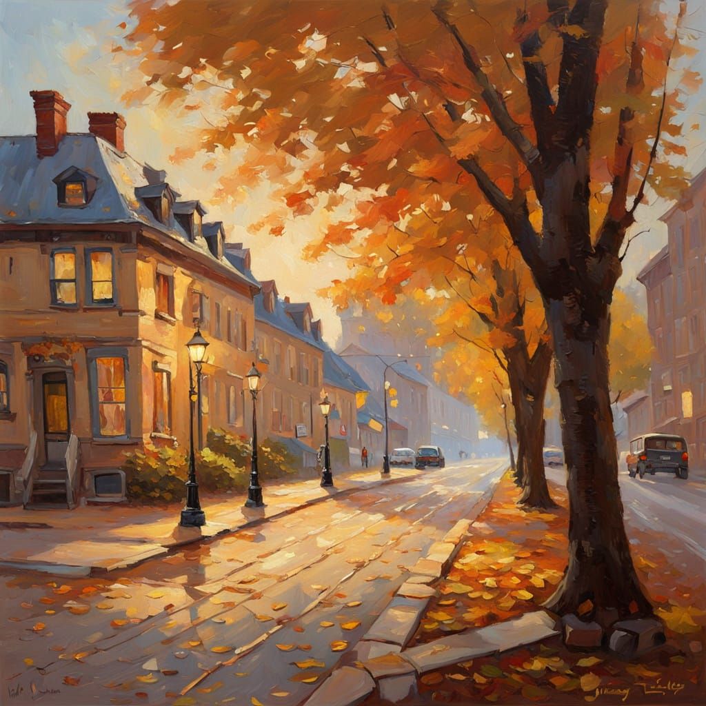 Cozy Autumn Street Scene as Oil Painting