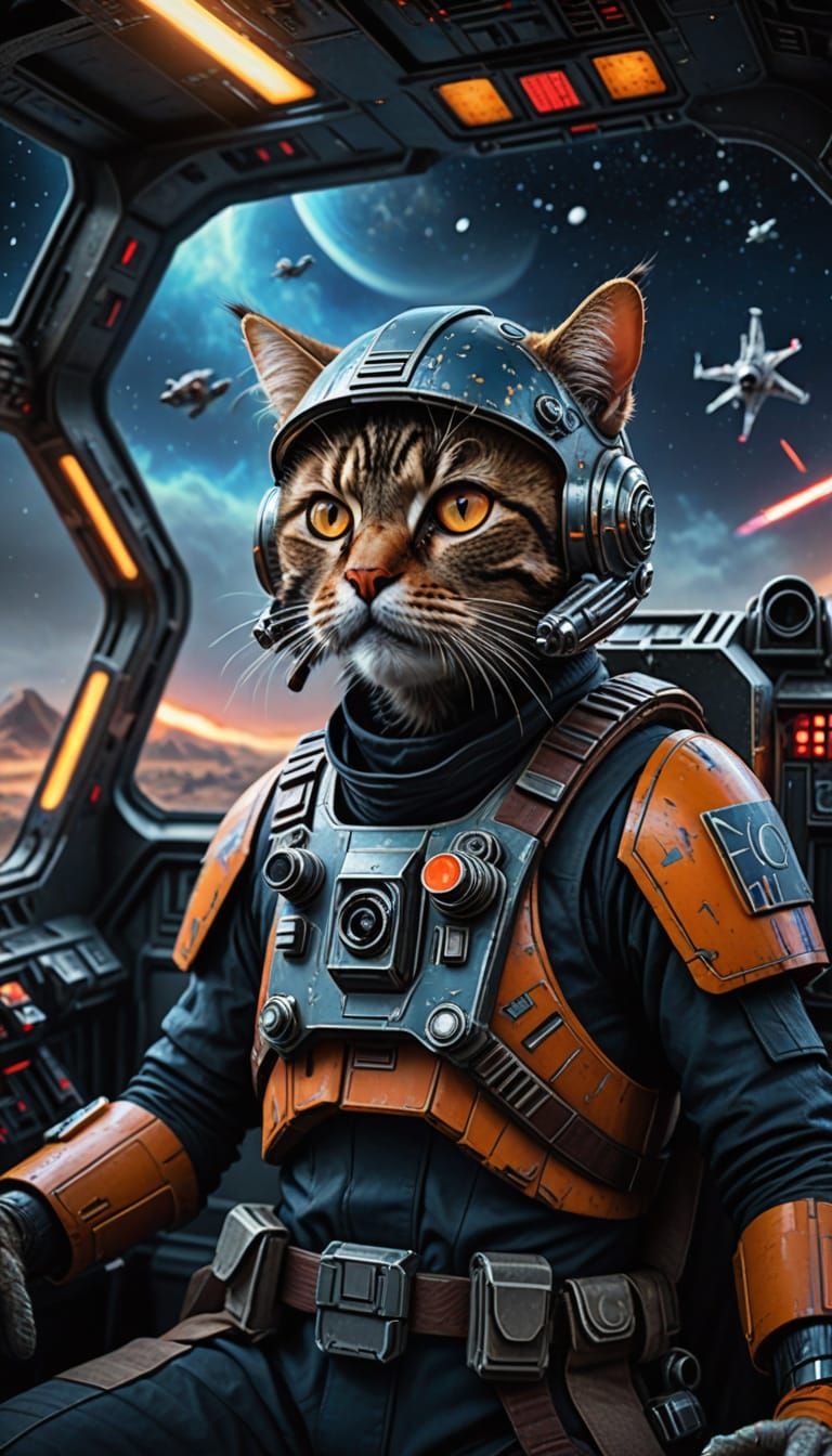 Rebel Pilot Cat in X-Wing Cockpit: Cinematic Digital Paintin...
