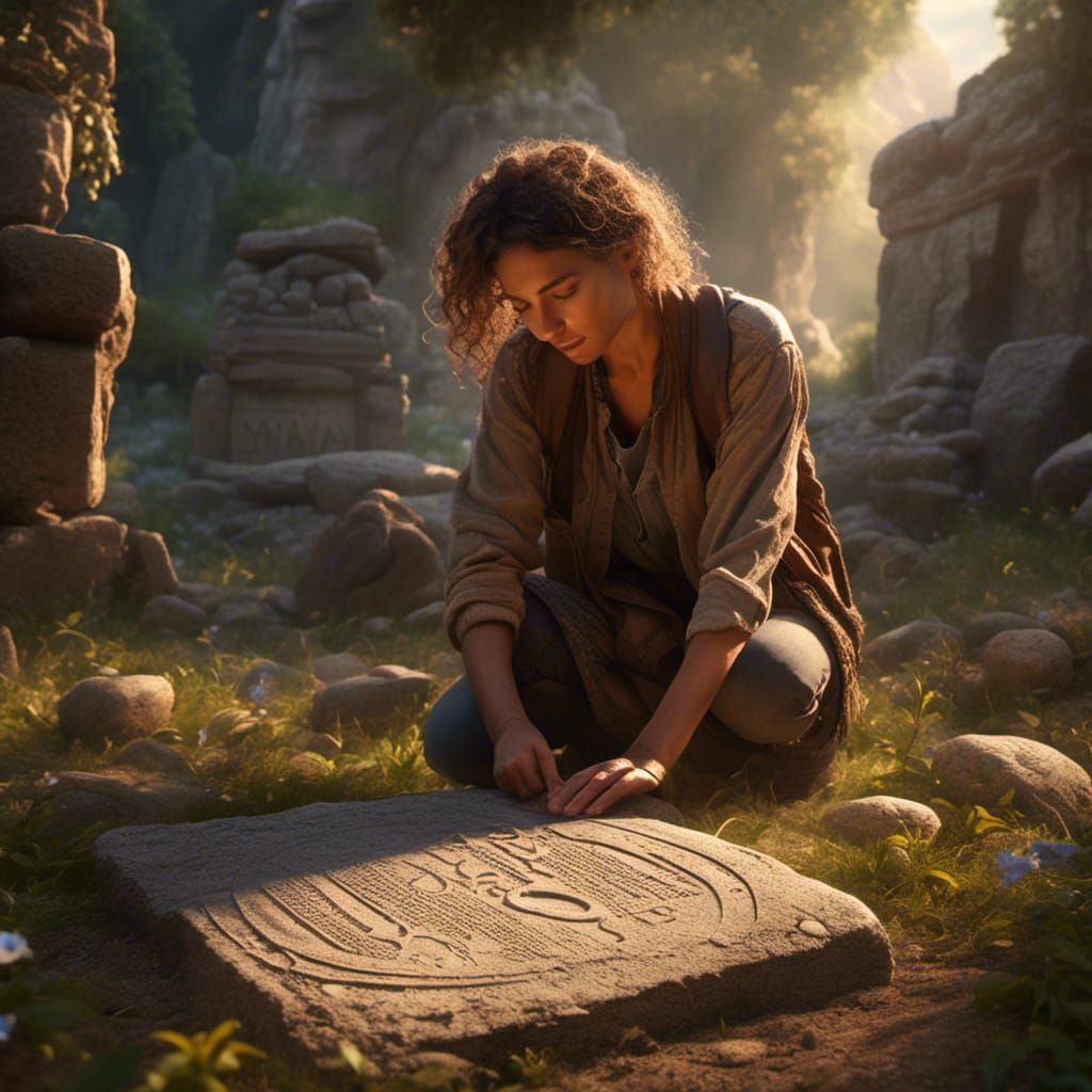 Hyperreal Stone Tablet Discovery in Dramatic Sunlight
