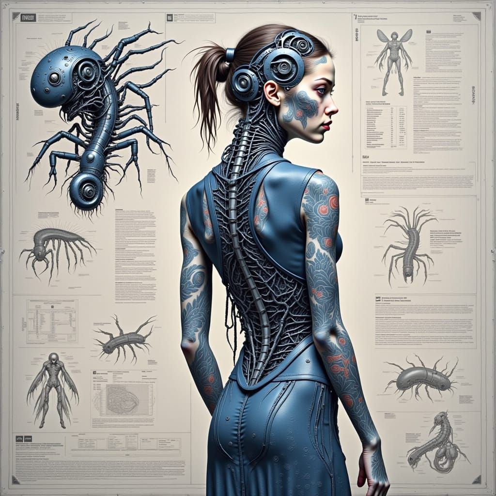 Cyborg Woman with Medical Tattoos in Giger Style