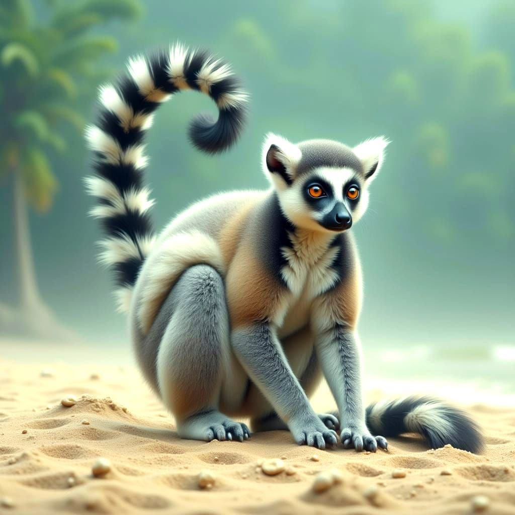 Lemur Portrait on Madagascar in Soft Watercolor Style