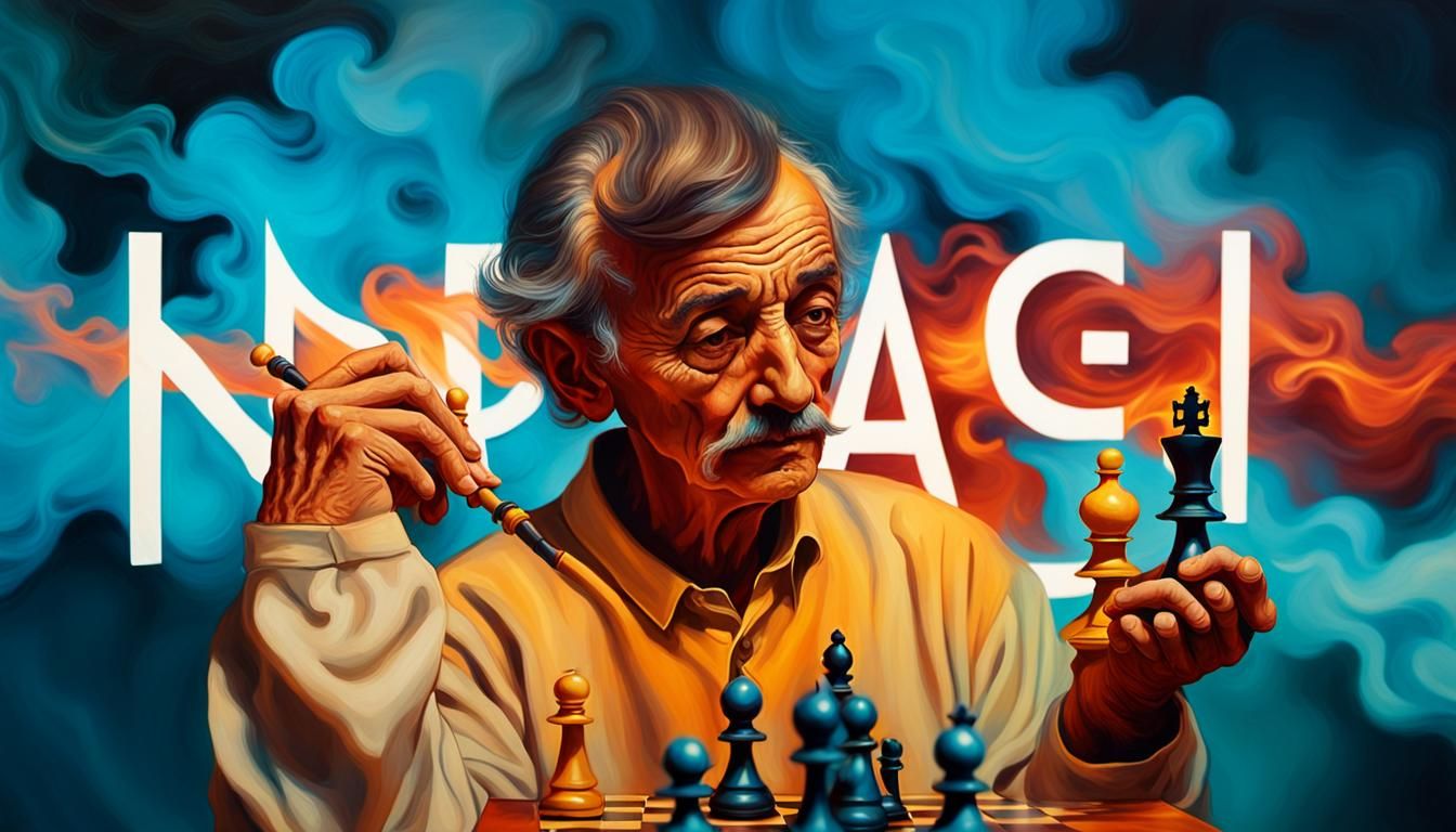 Surreal Chess Game in Flames, Dali-esque Oil Painting