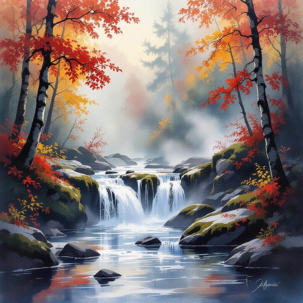 Misty Autumn Waterfall Forest in Expressive Watercolor