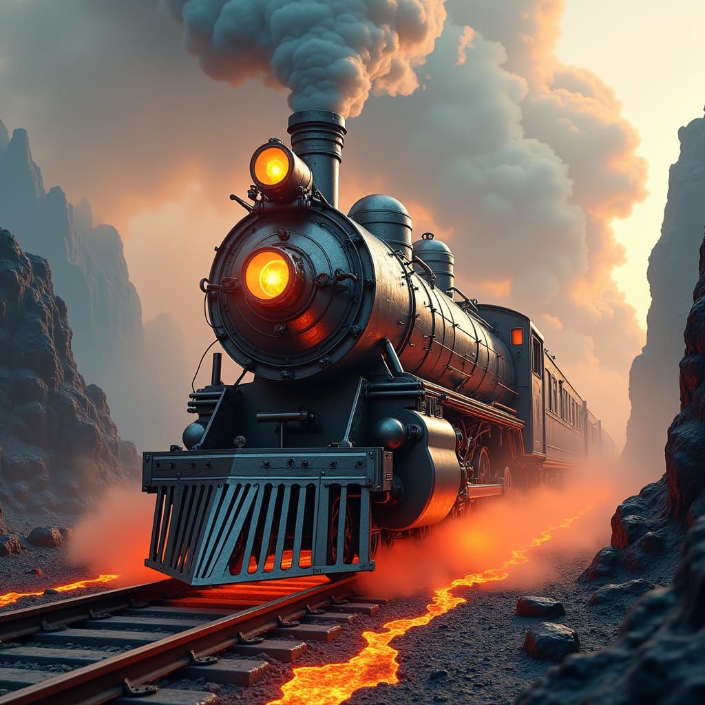 Futuristic Lava Steam Train in Dream Landscape