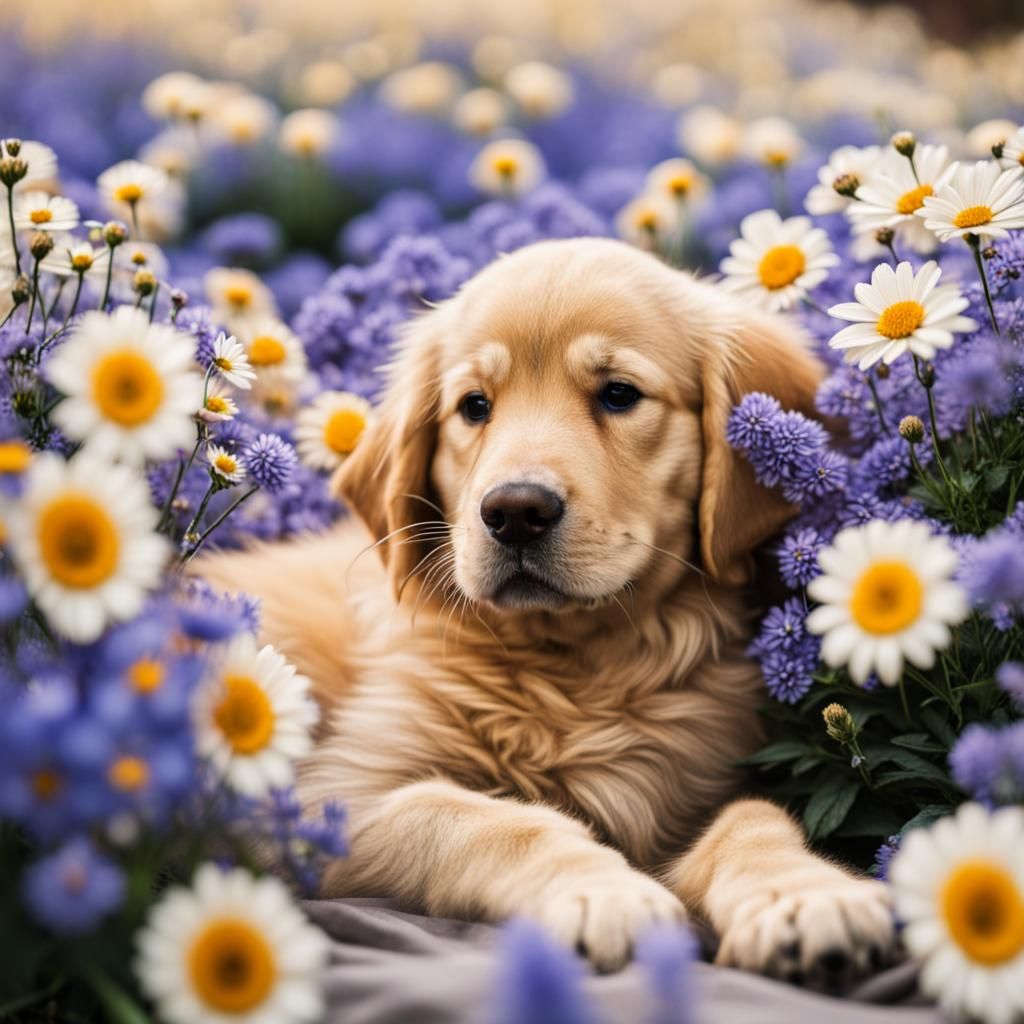 Golden Retriever Puppy in Flower Bed