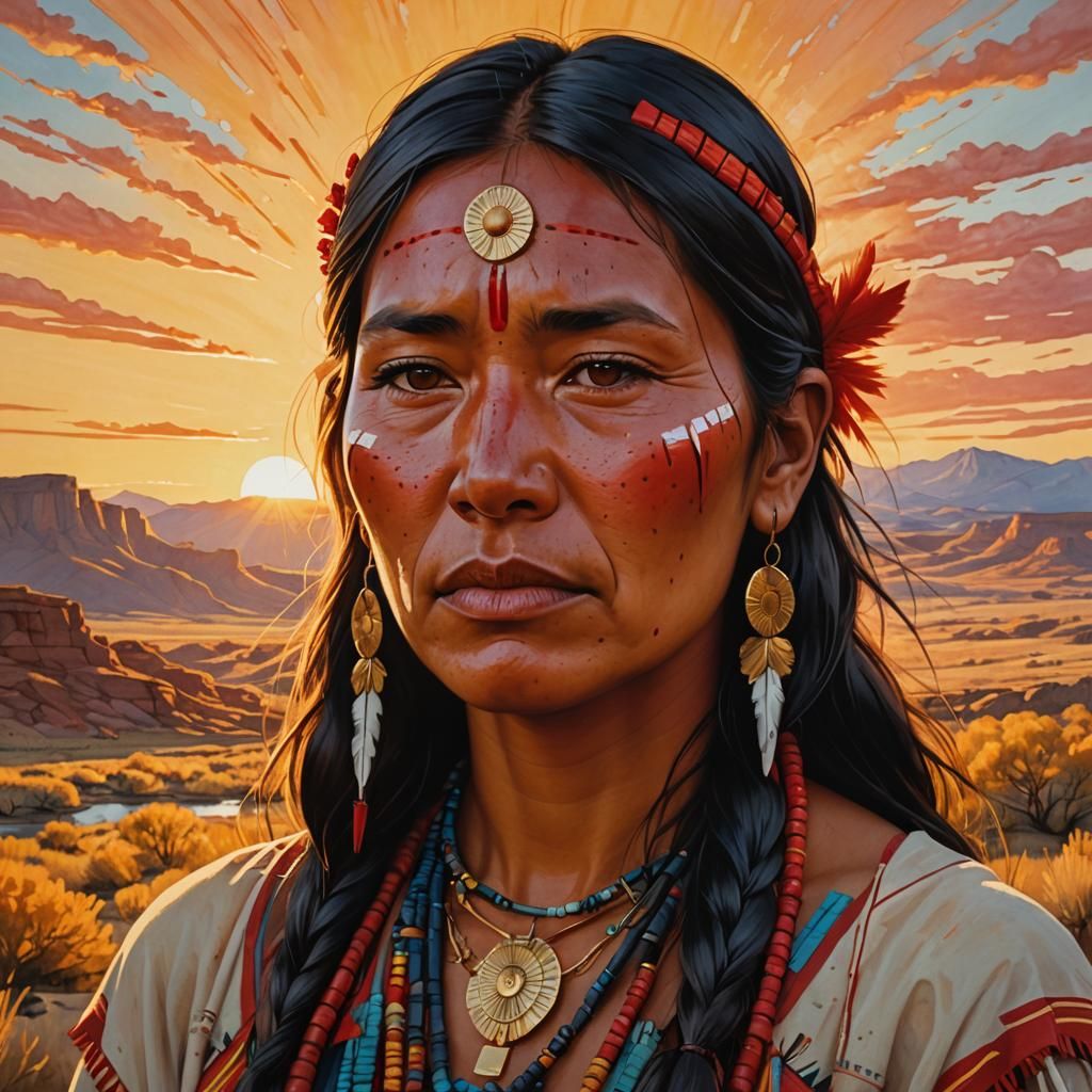 Crying Native American Woman Portrait in Vibrant Colors
