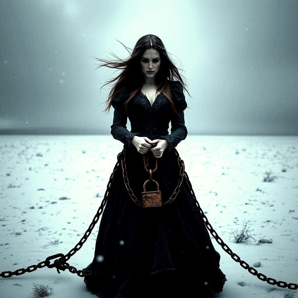 Ethereal Woman in Chains, Snowy Landscape, Fantastical Scene