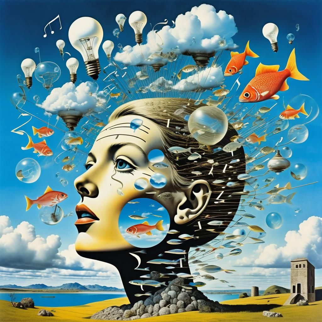 Surreal Explosion of Fish in Fantasy Landscape