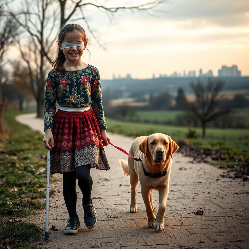 Blind Girl and Dog in Atmospheric Lighting