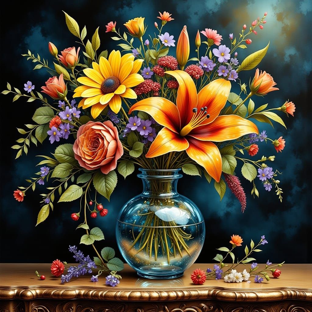 Floral Still Life in Blue Bottle, Watercolor and Gouache