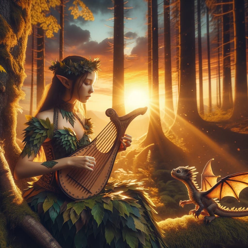 Elf Bard Plays Music for Wooden Dragon in Sunset Forest