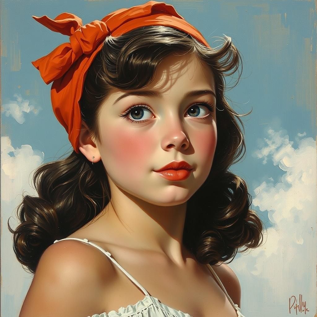 Vintage Pinup Girl with Red Headband and Blue Sky