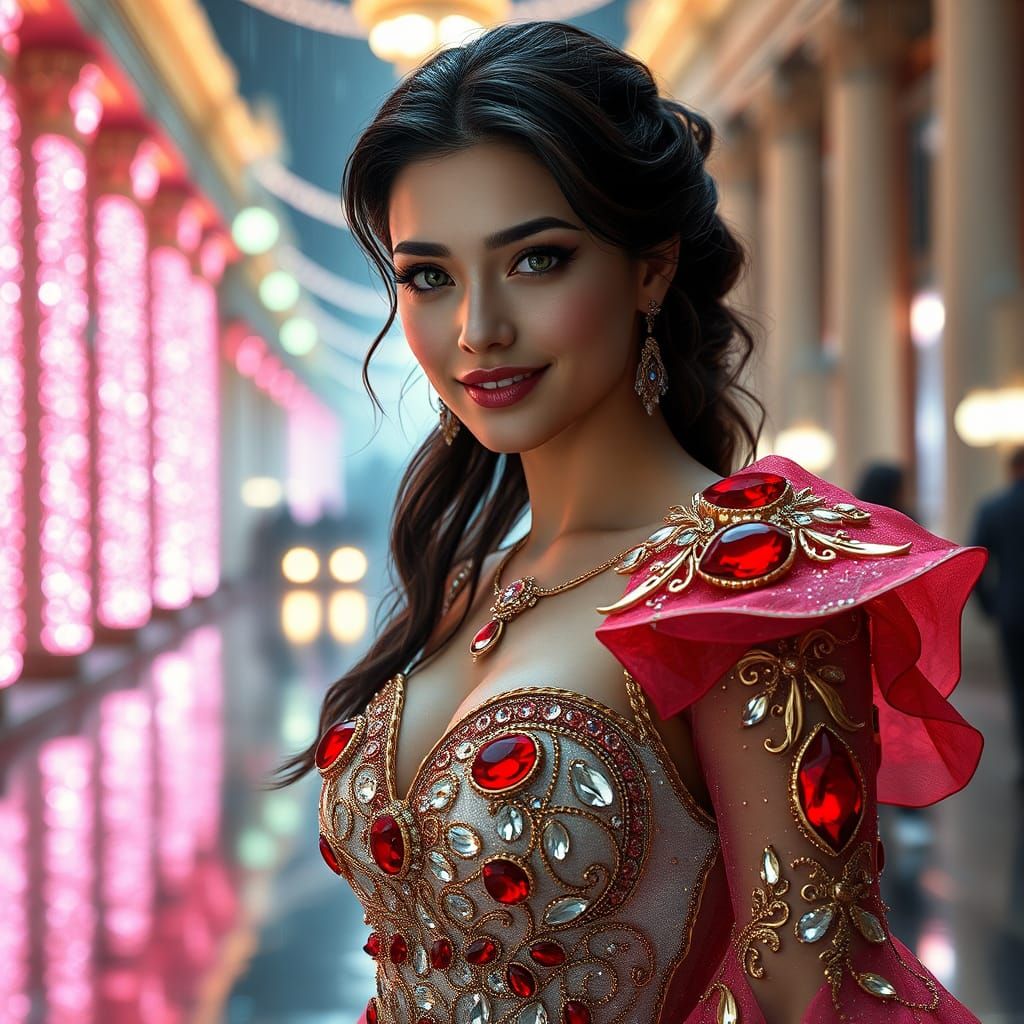 Woman in Red Crystal Gown Amidst Crystal Lighting