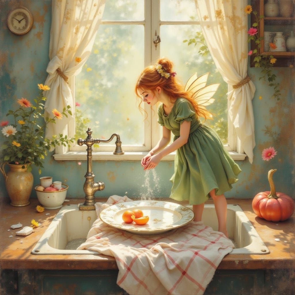 Fairy Cleans Plate Magically in Enchanted Kitchen