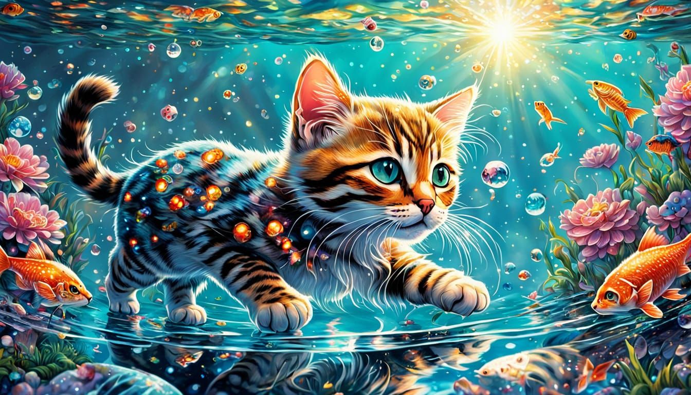 Kittens Play with Sparkling Fish: Comic Book Art