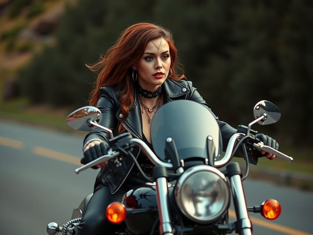Rocker-Gothic Woman Rides Harley-Davidson Motorcycle