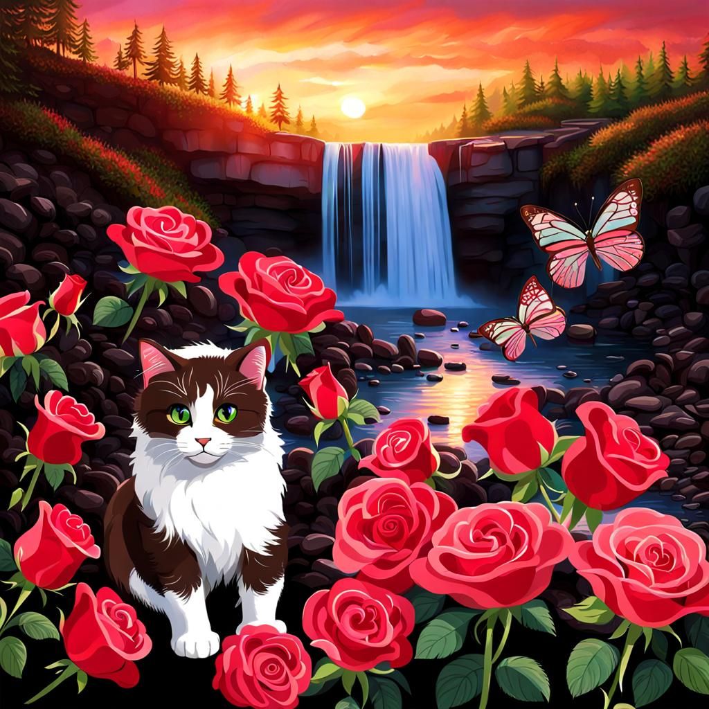 Sunset, Roses, Chocolate, Waterfall, and Cat