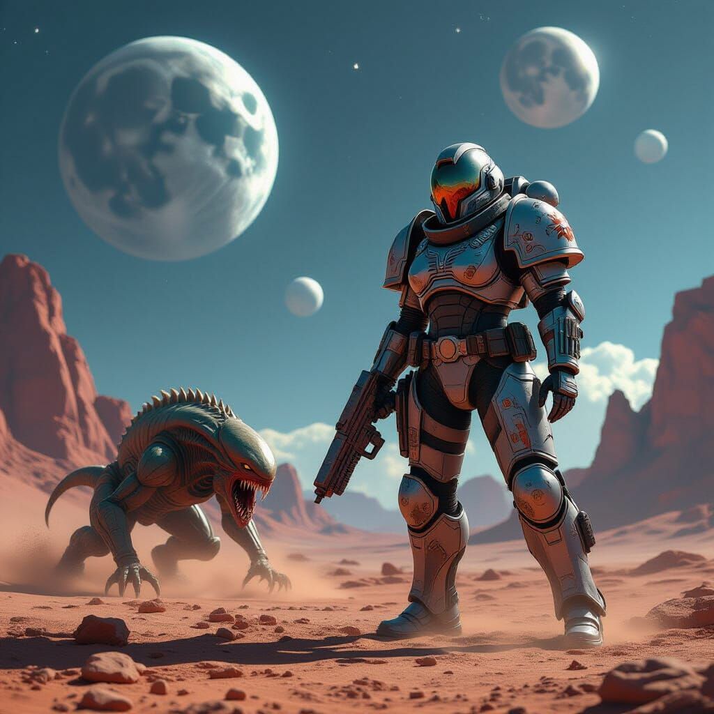 Female Space Marine Battles Alien on Desolate Planet