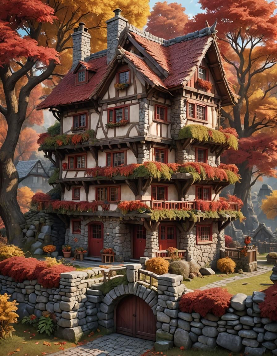 Fantasy Rustic Inn Surrounded by Autumn Foliage