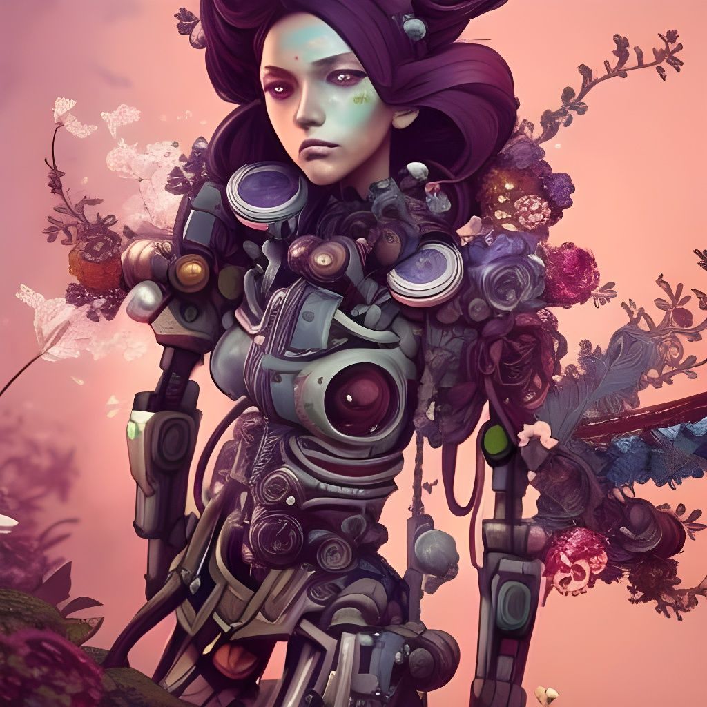Anime Flower Robot in a Hyperdetailed Gardenscape