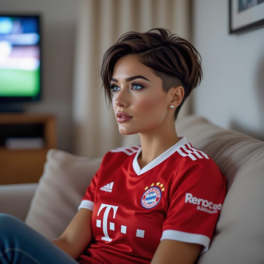 Woman in FC Bayern Jersey Watching TV